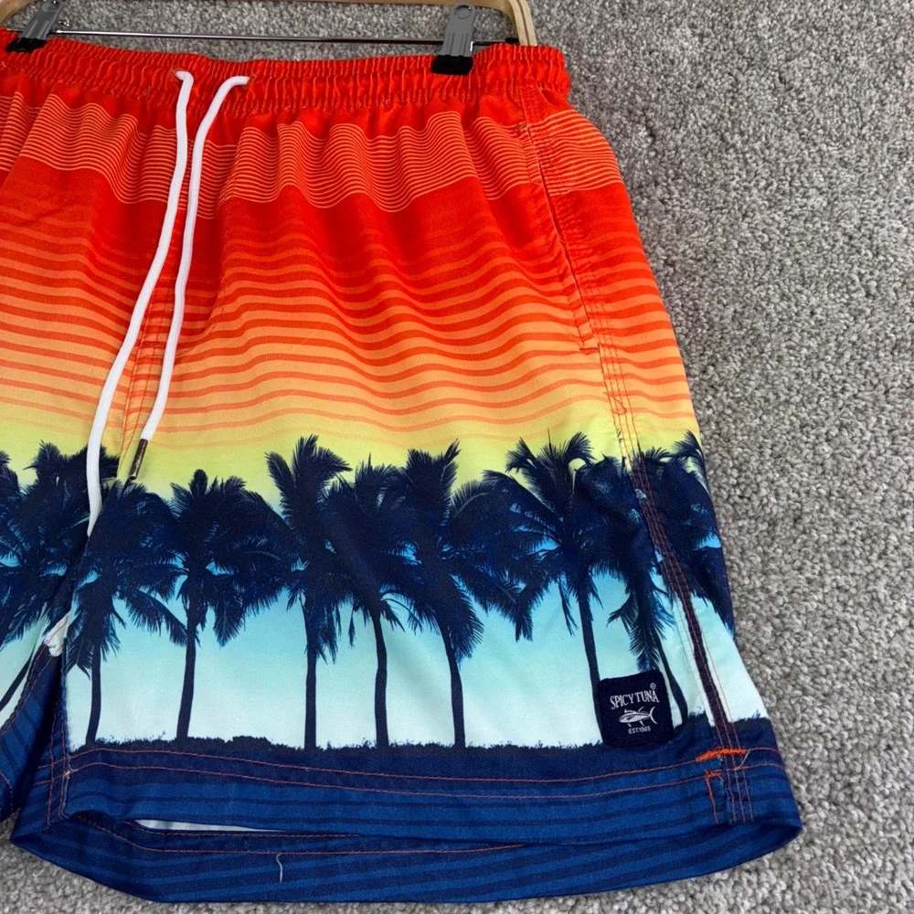 Spicy Tuna Mens L Swim Trunks‎ Orange Palm Tree Sunset Print Drawstring Shorts